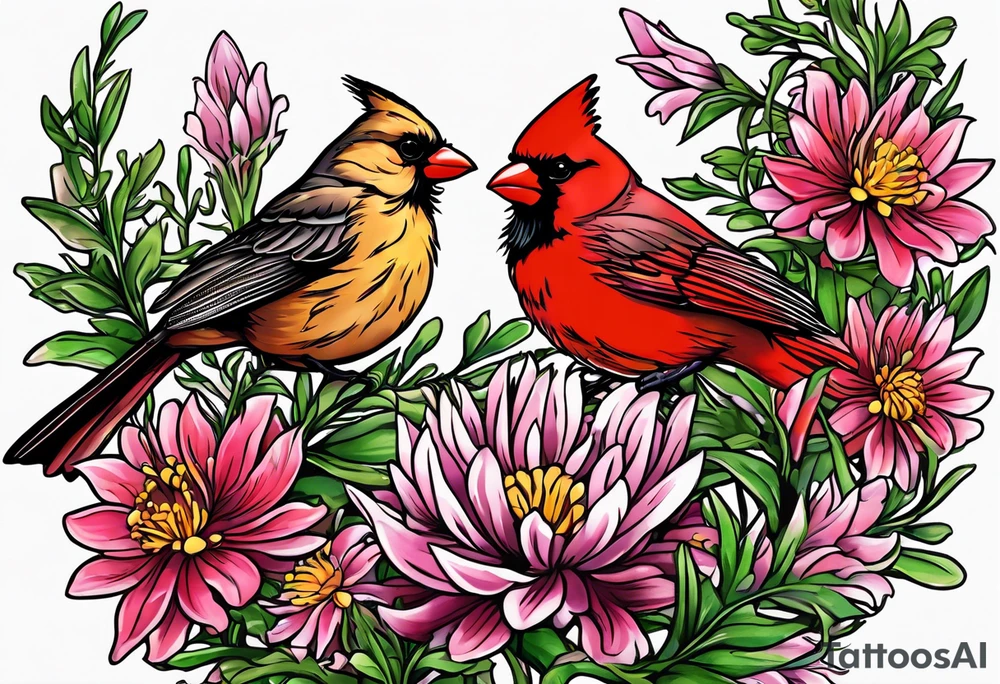 Aster flowers and sea rocket flowers with a cardinal around the words Dad tattoo idea