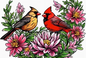 Aster flowers and sea rocket flowers with a cardinal around the words Dad tattoo idea