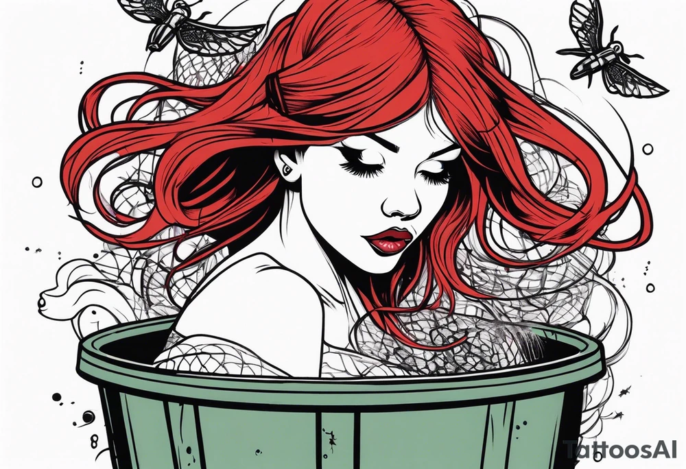 Dead girl with fishnet stockings and red hair with pig tails inside of a trash can with flies buzzing around tattoo idea