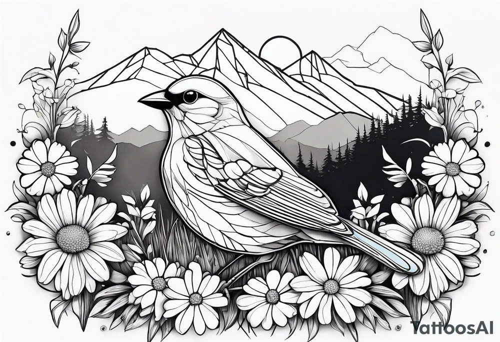 Geometric Black and white blue bird outline sitting in grass and daisys with mountains in the background tattoo idea