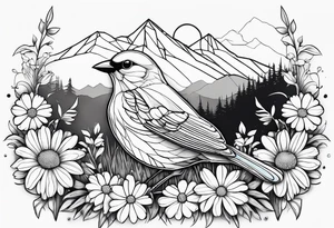 Geometric Black and white blue bird outline sitting in grass and daisys with mountains in the background tattoo idea