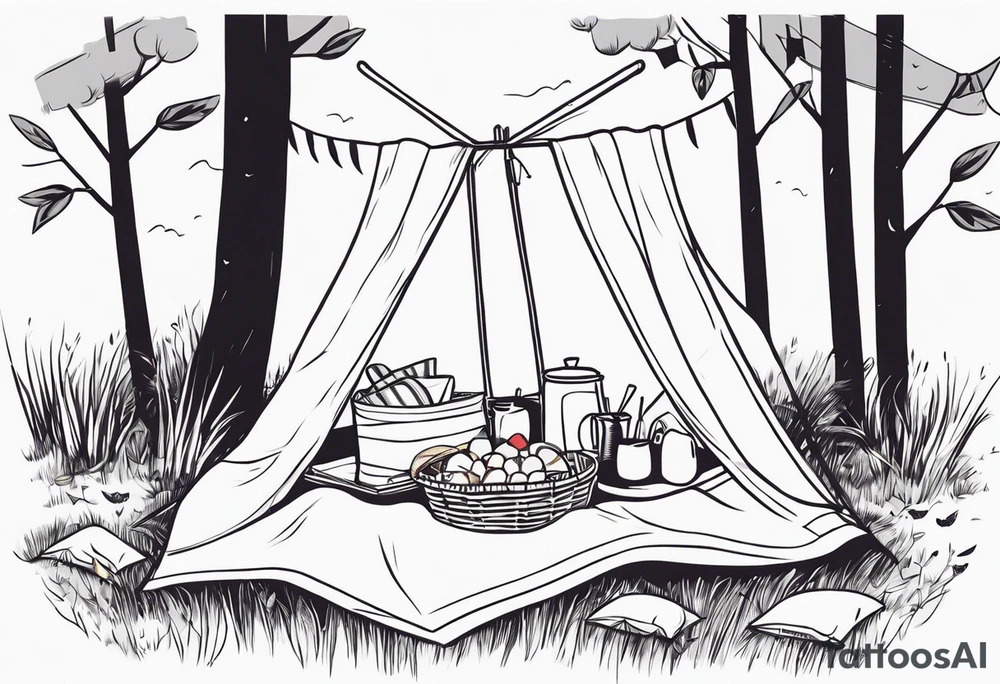 Very light and minimalstic picnic scene in nature. A blanket, picnic-basket with lid, pillows and pennants. Thin lines. tattoo idea