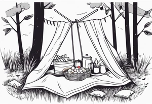 Very light and minimalstic picnic scene in nature. A blanket, picnic-basket with lid, pillows and pennants. Thin lines. tattoo idea