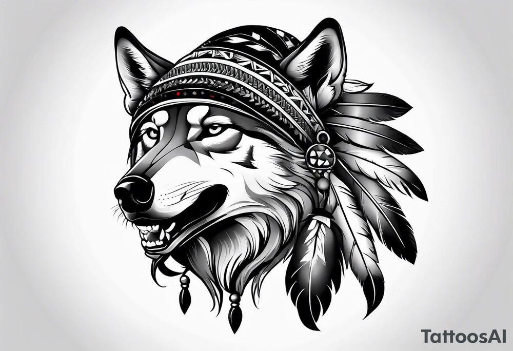 Half wolf head half skull with Native American bonnet tattoo idea