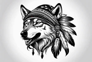Half wolf head half skull with Native American bonnet tattoo idea