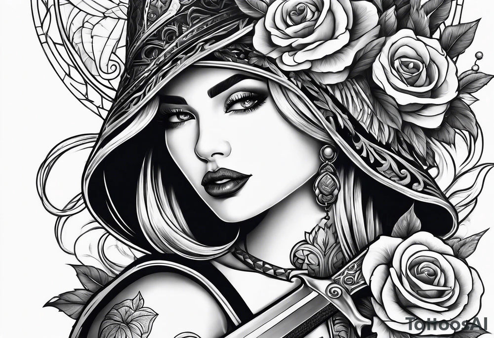 Dagger with a woman on the blade tattoo idea