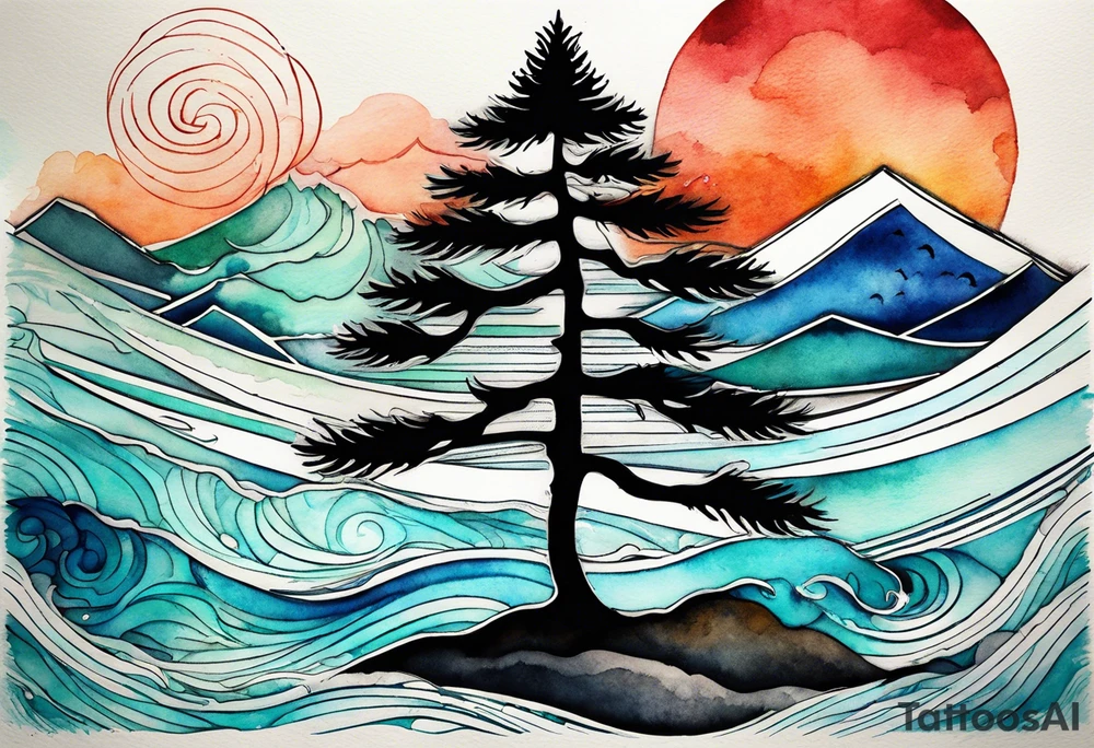 Spruce tree. Ocean waves incorporated.  The words “salt air” integrated into the design.  Geometric and abstract watercolor. tattoo idea