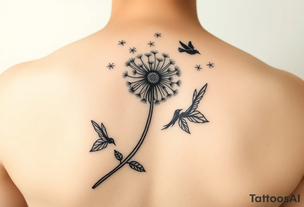 A dandelion with its leaves blowing away and turning into birds that fly up and create a waterfall tattoo idea