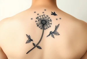 A dandelion with its leaves blowing away and turning into birds that fly up and create a waterfall tattoo idea