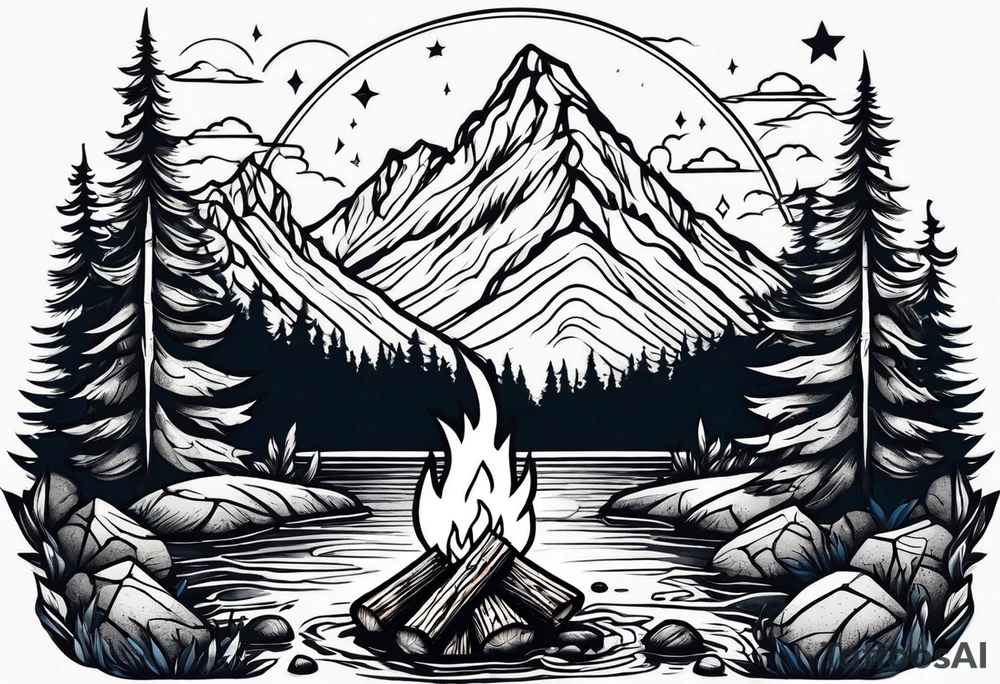 Small campfire in the forest where flow a small mountain stream tattoo idea