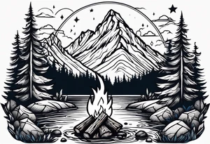 Small campfire in the forest where flow a small mountain stream tattoo idea