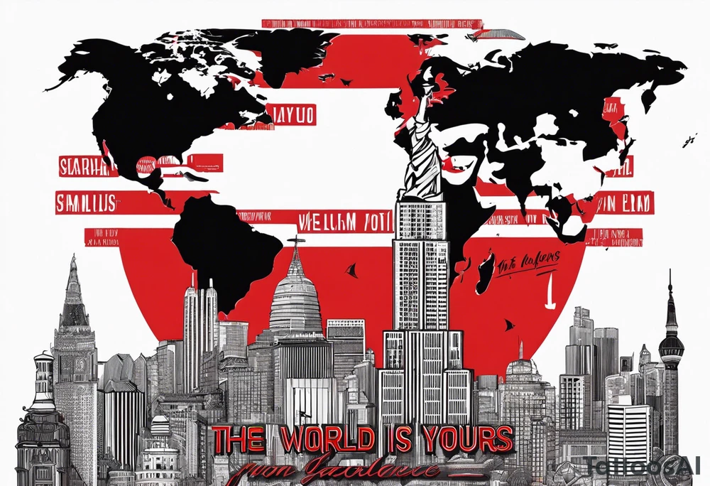 The world is yours from scarface movie with red letters 3d tattoo idea