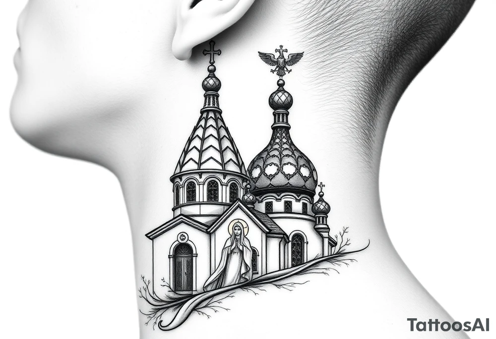 Flowing Scene

A onion domes orthodox church
Virgin Mary in prayer pose wrapping around the lower neck curve
A small double headed russian coat of arms eagle or just the star tucked above the dome near the hairline tattoo idea