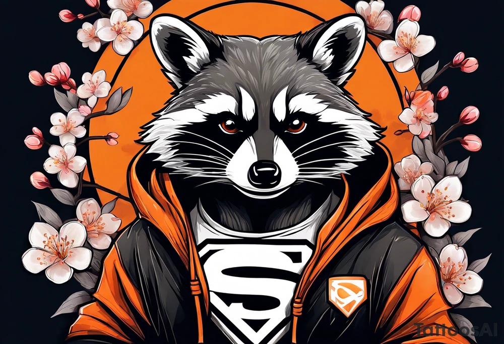Raccoon wearing a white Superman logo on a black hoodie and orange Japanese cherry blossoms tattoo idea