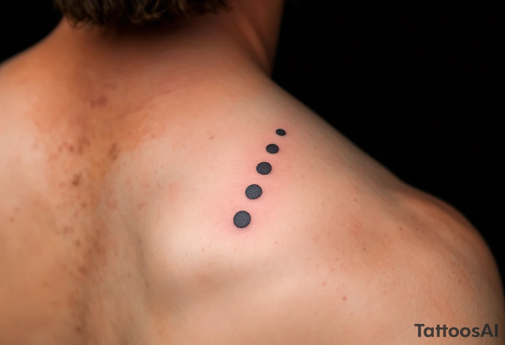 "Three" soft gray dots vertically aligned along the spine, symbolizing past, present, and future. tattoo idea