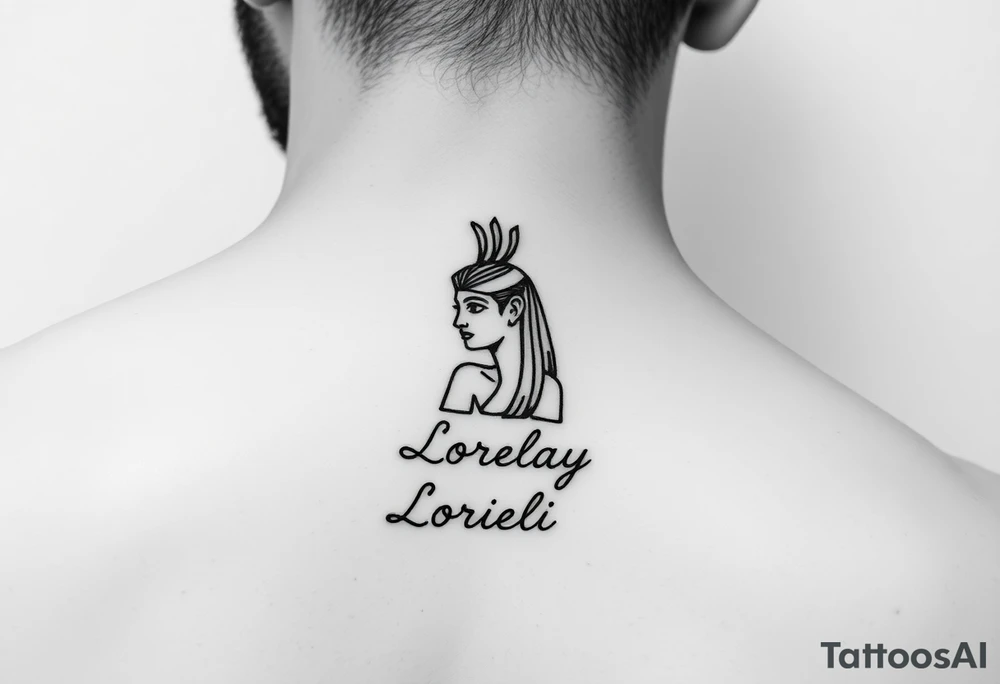 Créame un diseño en miniatura para el bíceps de un personaje principal chica 
de la cultura de egipcia con el nombre de lorelay escrito por debajo del diseño tattoo idea