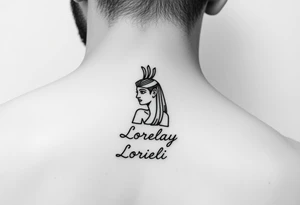 Créame un diseño en miniatura para el bíceps de un personaje principal chica 
de la cultura de egipcia con el nombre de lorelay escrito por debajo del diseño tattoo idea