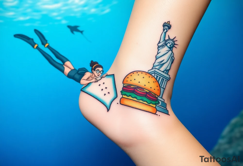 Scooba diver, diving with manta ray belly to belly, huge big mac burger, statue of liberty, in los santos, tattoo idea
