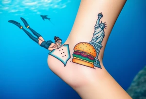 Scooba diver, diving with manta ray belly to belly, huge big mac burger, statue of liberty, in los santos, tattoo idea