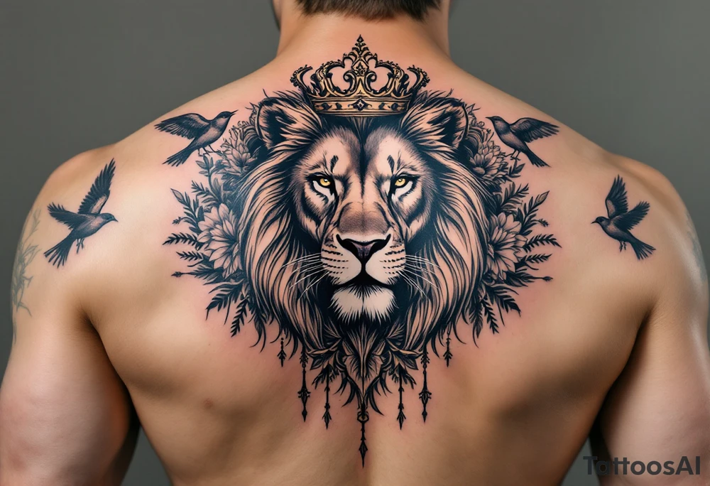 powerful majestic lion with a crown, surrounded by floral ornaments and birds tattoo idea
