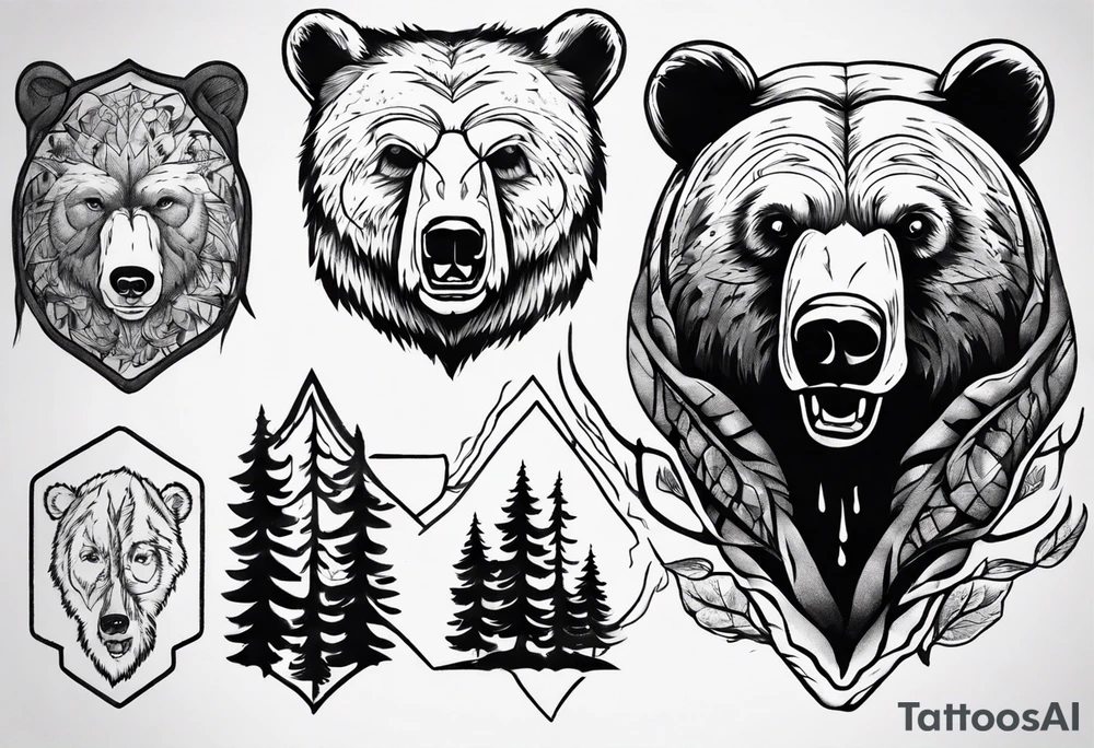 bear head, forest, lake, appalachia, arm sleeve tattoo tattoo idea