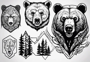 bear head, forest, lake, appalachia, arm sleeve tattoo tattoo idea