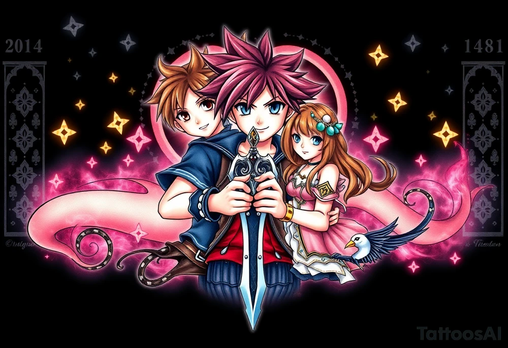 Exact Kingdom Hearts design featuring sora, kairi, riku together in a dynamic, united pose. The centerpiece should include the soras Keyblade, with a beautiful and ethereal dark Kingdom Hearts-inspired background—think glowing stars, floating islands, and stained-glass elements in backroung. The design should capture themes of friendship, light vs. darkness, and adventure. Style should be detailed, fantasy-oriented, and suitable for a large piece tattoo idea