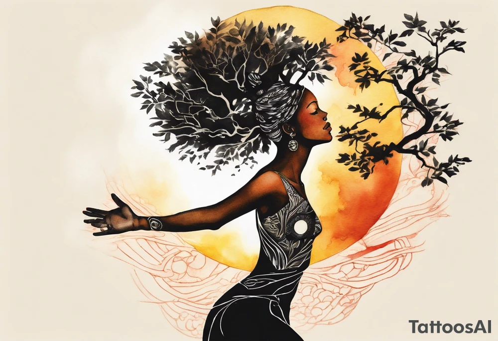 a tree woman reaching towards a blazing sun in the sky, black woman tattoo idea