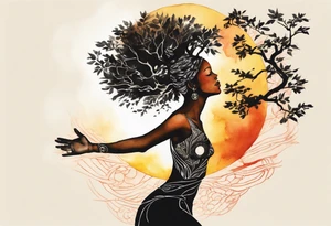 a tree woman reaching towards a blazing sun in the sky, black woman tattoo idea