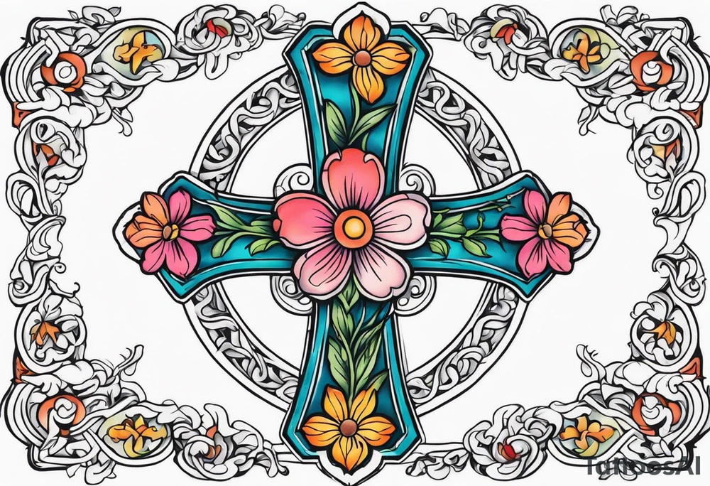 plain cross surrounded 
 with flowers and twisted around cross
 colorful tattoo idea