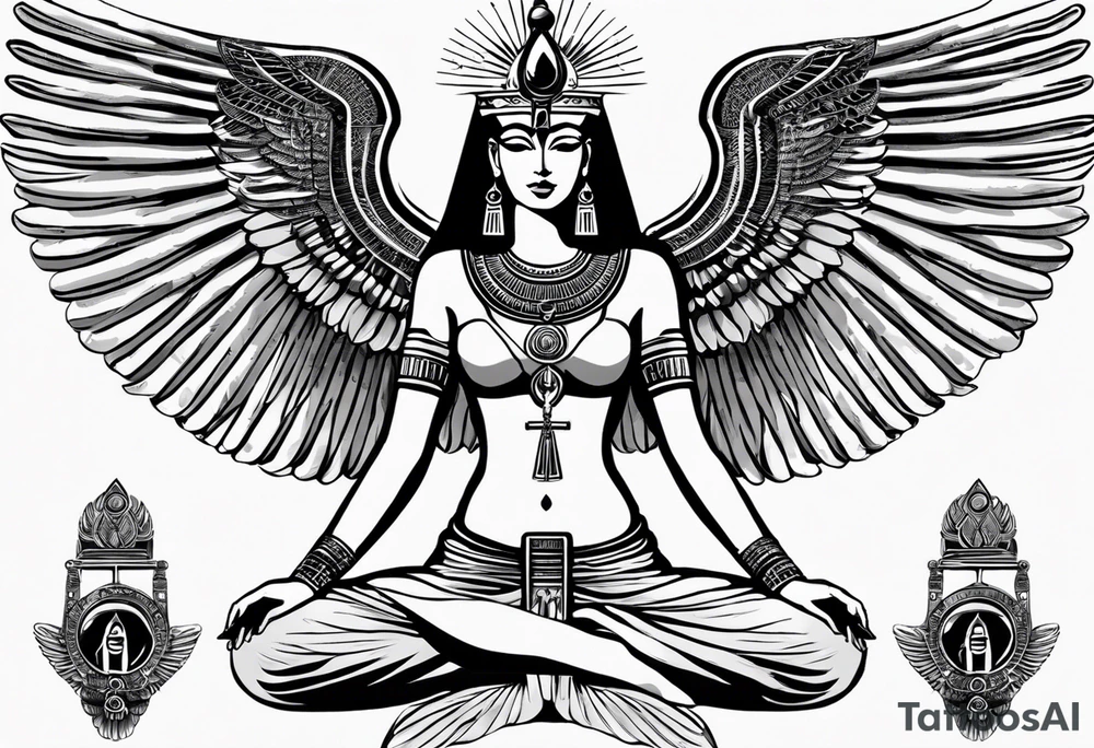 blank and white Egyptian goddess Isis, who is often depicted as a woman with outstretched wings, holding an ankh (a symbol of life) in one hand and a lotus flower in the other. Her headdress often includes a throne or a solar disk. The tattoo design can vary in style and size, but it typically aims to capture the essence of this revered Egyptian deity, emphasizing her beauty, power, and maternal qualities. The choice of colors and additional elements can also be customized to create a unique and visually striking representation of the goddess Isis tattoo idea