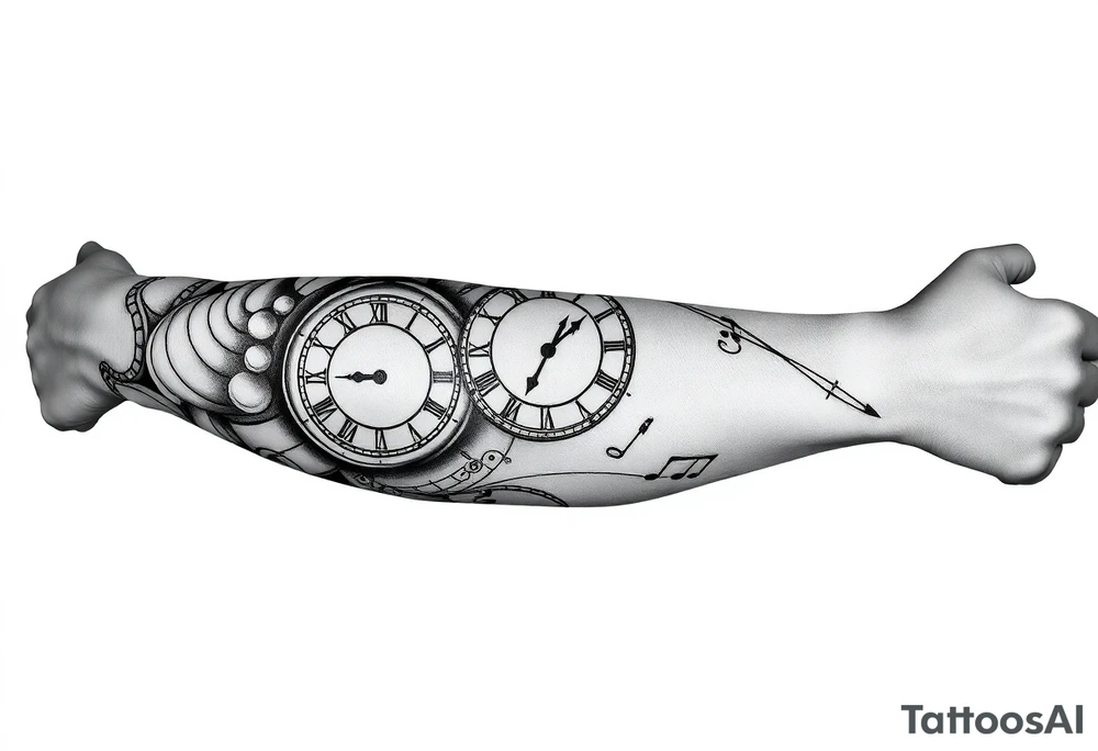 I want to create a sleeve for my left arm with elements if time and music and the dates 19.04.2019 and 28.01.2022 in Roman numerals tattoo idea