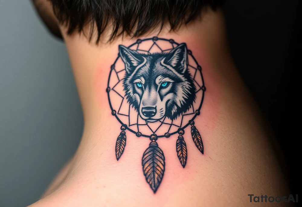 A detailed dreamcatcher with a wolf’s head in the center, surrounded by swirling feathers and beads. The wolf’s eyes glow in bright blue, with soft earth tones in the feathers tattoo idea
