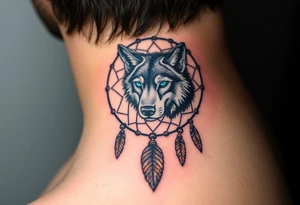 A detailed dreamcatcher with a wolf’s head in the center, surrounded by swirling feathers and beads. The wolf’s eyes glow in bright blue, with soft earth tones in the feathers tattoo idea