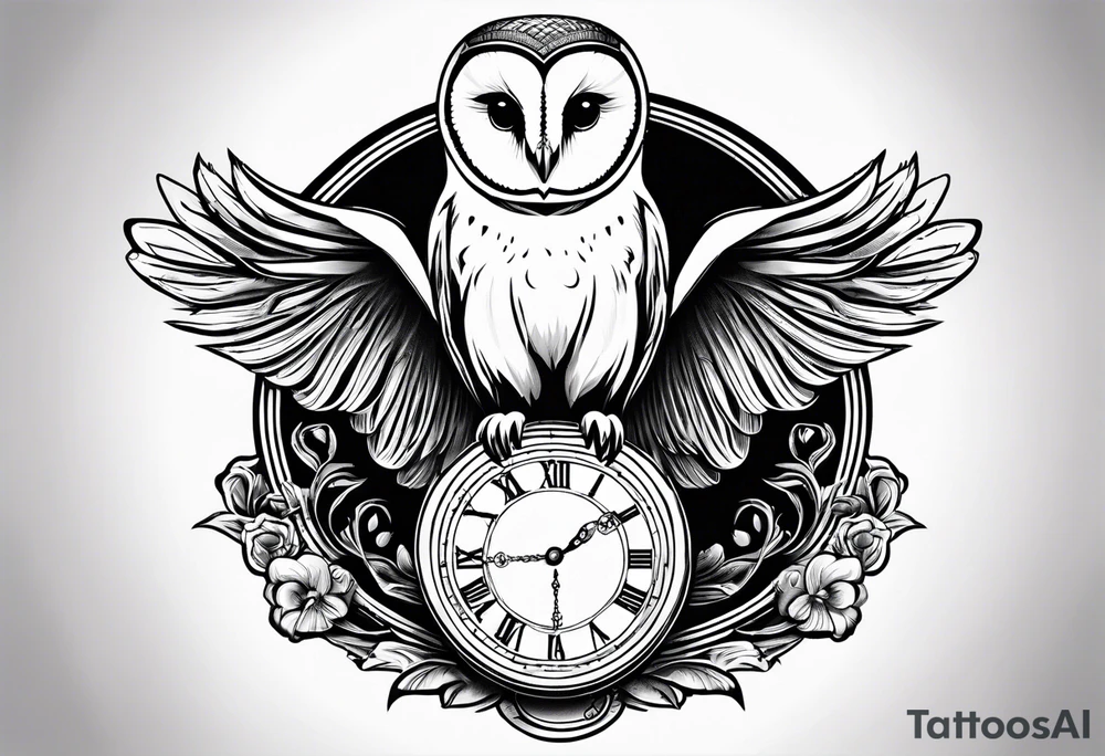 Barn owl holding a pocket watch with the time set at 1:43 tattoo idea