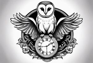 Barn owl holding a pocket watch with the time set at 1:43 tattoo idea