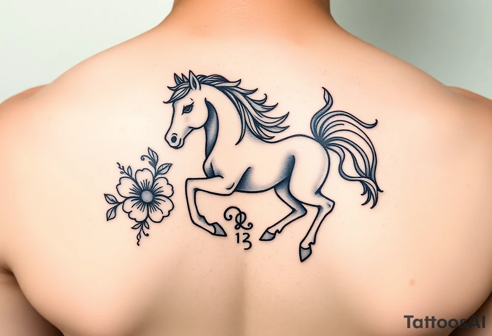 aquarius zodiac sign under year of the horse with floral design colored tattoo idea