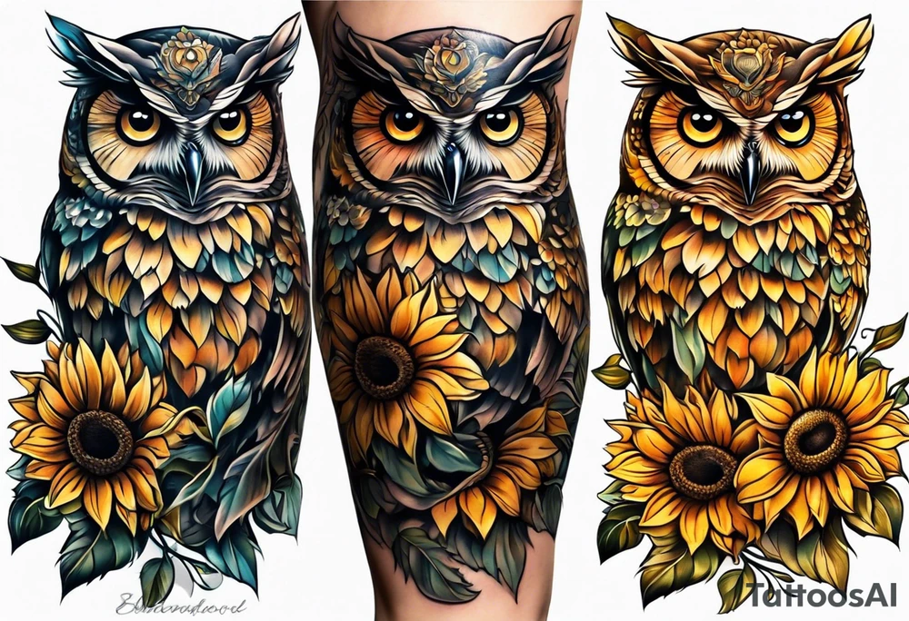 Owl with sunflowers leg sleeve tattoo idea