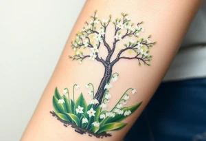 White flowering Lilly of the vally plants on ground underneath a blooming hawthorn tree tattoo idea