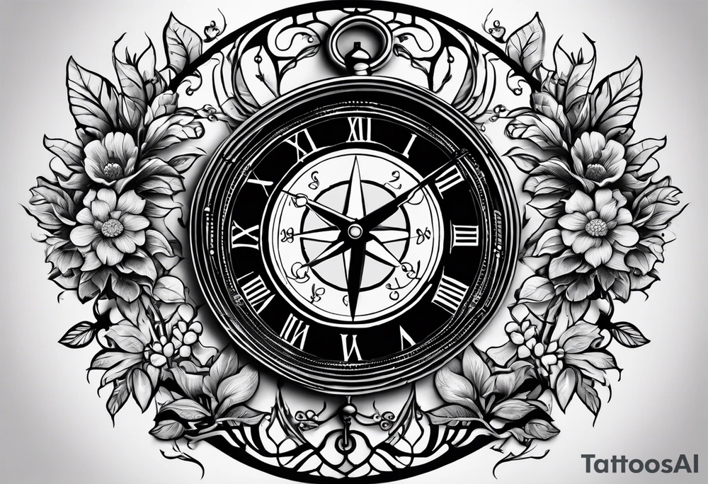 combination of a nautical compass and a old school clock face, with a doctor bird, tree of life and decorated with lignum vitae flowers, 3/4 sleeve on arm, flowing all together tattoo idea
