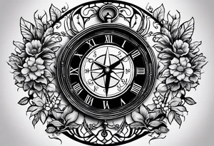 combination of a nautical compass and a old school clock face, with a doctor bird, tree of life and decorated with lignum vitae flowers, 3/4 sleeve on arm, flowing all together tattoo idea