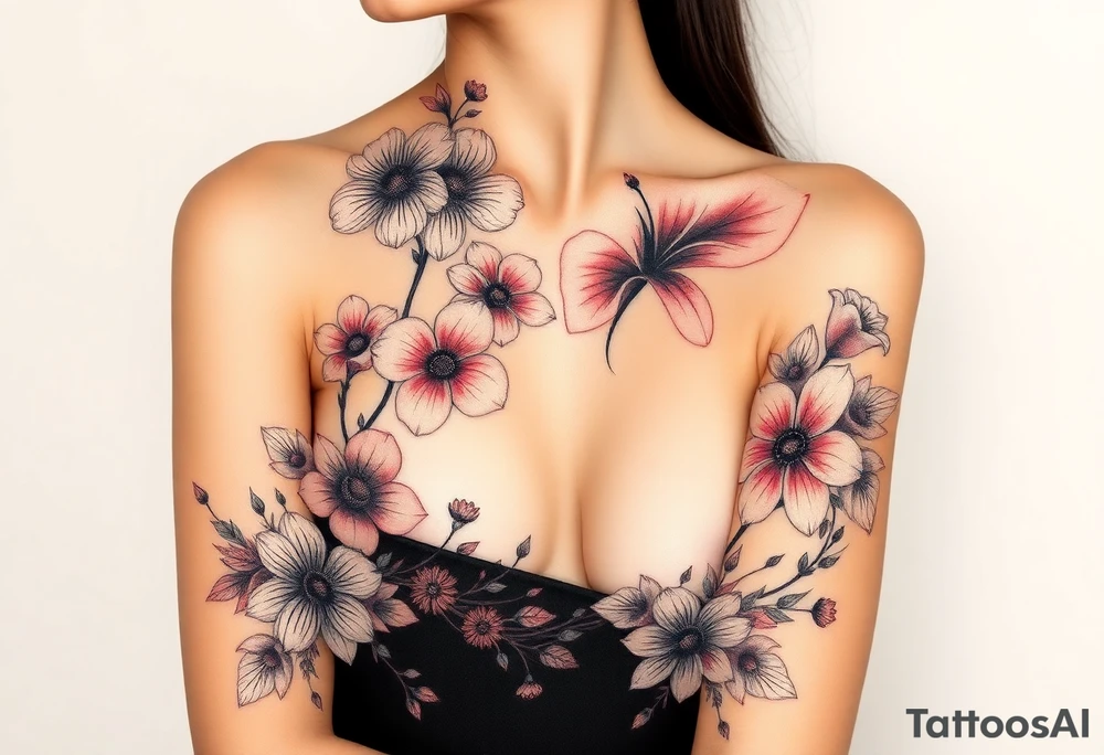 This is a Japanese themed tattoo of a string of flowers in bloom on a woman. It starts on her left side of the chest on the pectoral above the nipple and goes up. It starts with a Glaiolus and Daisy pushed together. The tattoo rises over the left shoulder and down the arm and ends at the elbow. The tattoo will feature a primroses, Calla Lilys, and Lillys. They can have multiple flowers but 1 of each will pop with shading and be colored in. tattoo idea