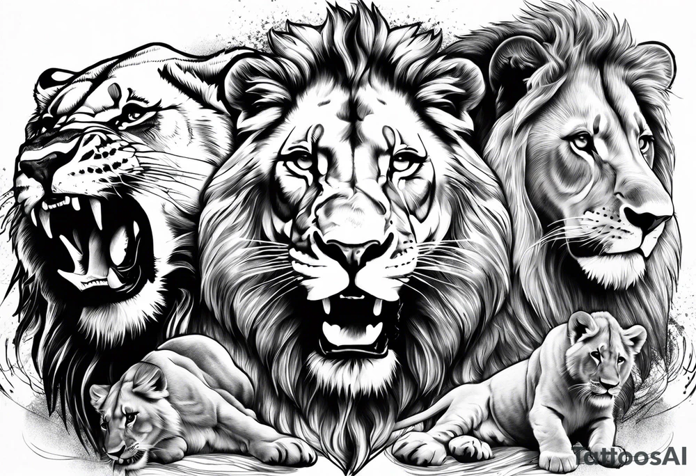 One roaring lion, next to it a roaring lioness, below them 3 roaring lion cubs and around a Star of David tattoo idea