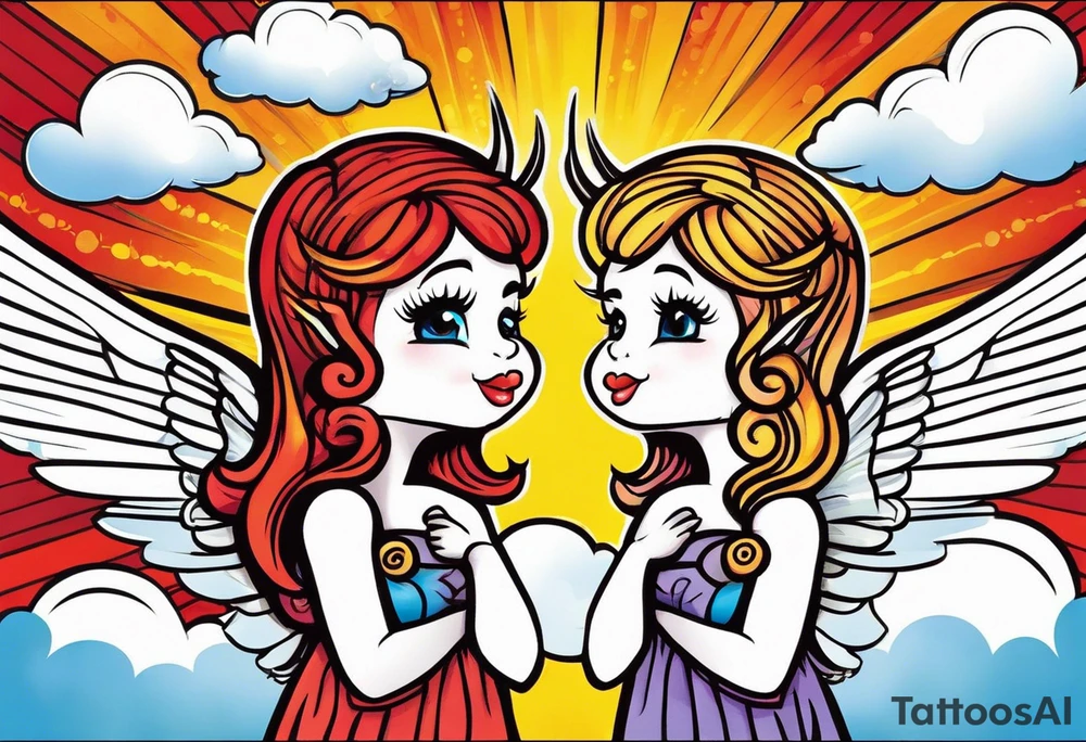 angel girl on right side whispering, devil girl on left side whispering, with rays of sun and clouds. Organ pipes center tattoo idea