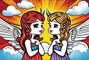 angel girl on right side whispering, devil girl on left side whispering, with rays of sun and clouds. Organ pipes center tattoo idea
