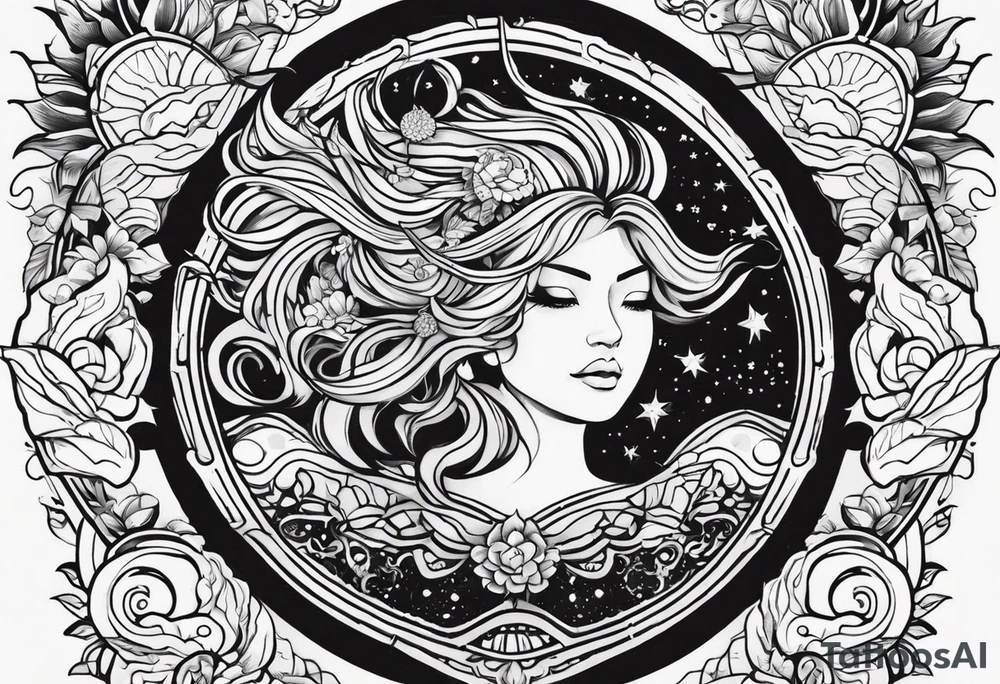 sleeve for my right arm 
Large designs 
Sun and moon spiritual 
Dark feminine without faces 
Shows how all things are connected 
Shows love for nature and the ocean 
Shows strength and bravery tattoo idea