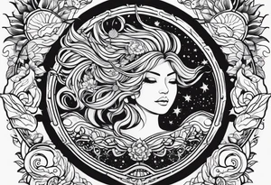 sleeve for my right arm 
Large designs 
Sun and moon spiritual 
Dark feminine without faces 
Shows how all things are connected 
Shows love for nature and the ocean 
Shows strength and bravery tattoo idea