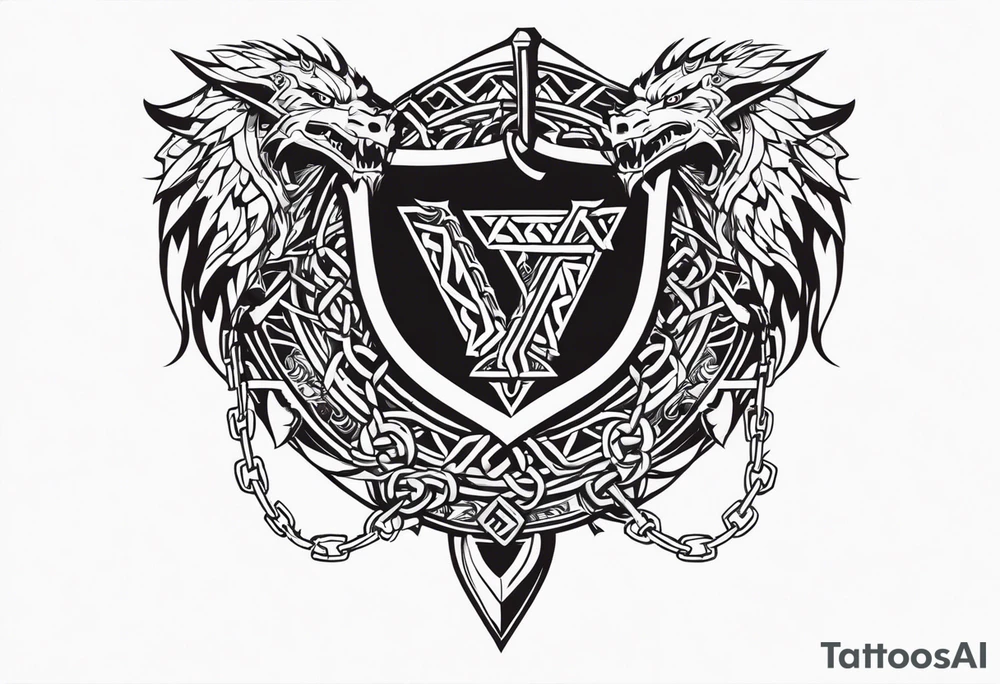Valhalla sword shield dragon axe Valknut barbed wire chains tribal tattoo idea Valhalla sword shield dragon axe Valknut barbed wire chains tribal tattoo idea