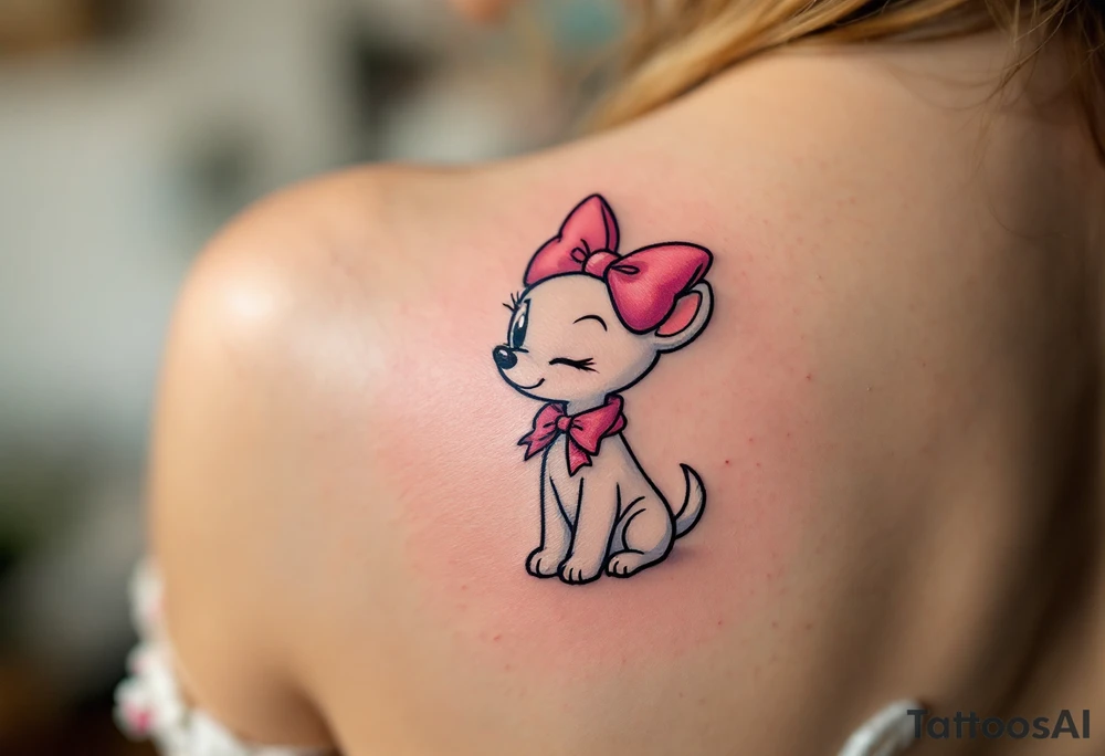 Classic Marie Portrait – A delicate tattoo of Marie sitting with her signature pink bow and collar, white fur perfectly groomed, with her head tilted playfully to the side. tattoo idea