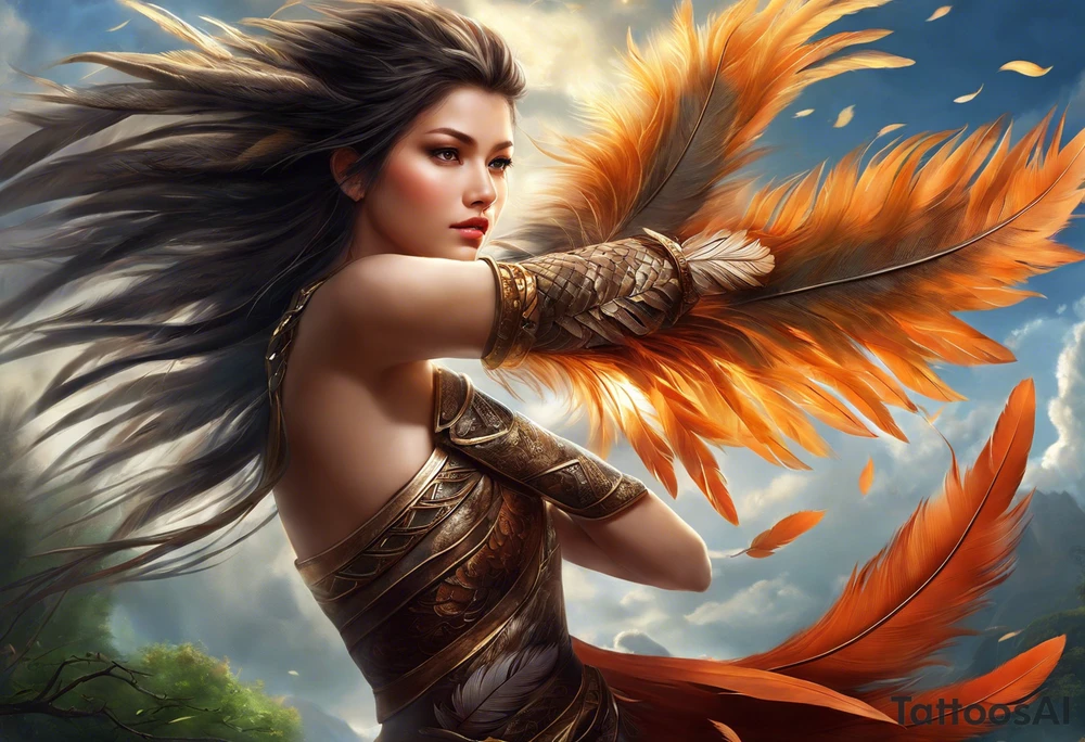 The tatto starts up in the left arm, at elbow height, where there are feathers moving under the action of the wind. The feathers interact with tree branches that advance towards the left hand. A little higher, close to the shoulder, lightning and thunder begin to appear, interacting with the feathers and branches. The feathers converge into a vortex of energy from which an owl's head is revealed, which is on the left chest. The branches go to the back, where they converge into a solid and psychedelic element that brings together different elements related to the energy of the creation of life: womb, rebirth, spirals, torus, sun and representations of the earth, including a house that can be clearly seen being built of earth. tattoo idea